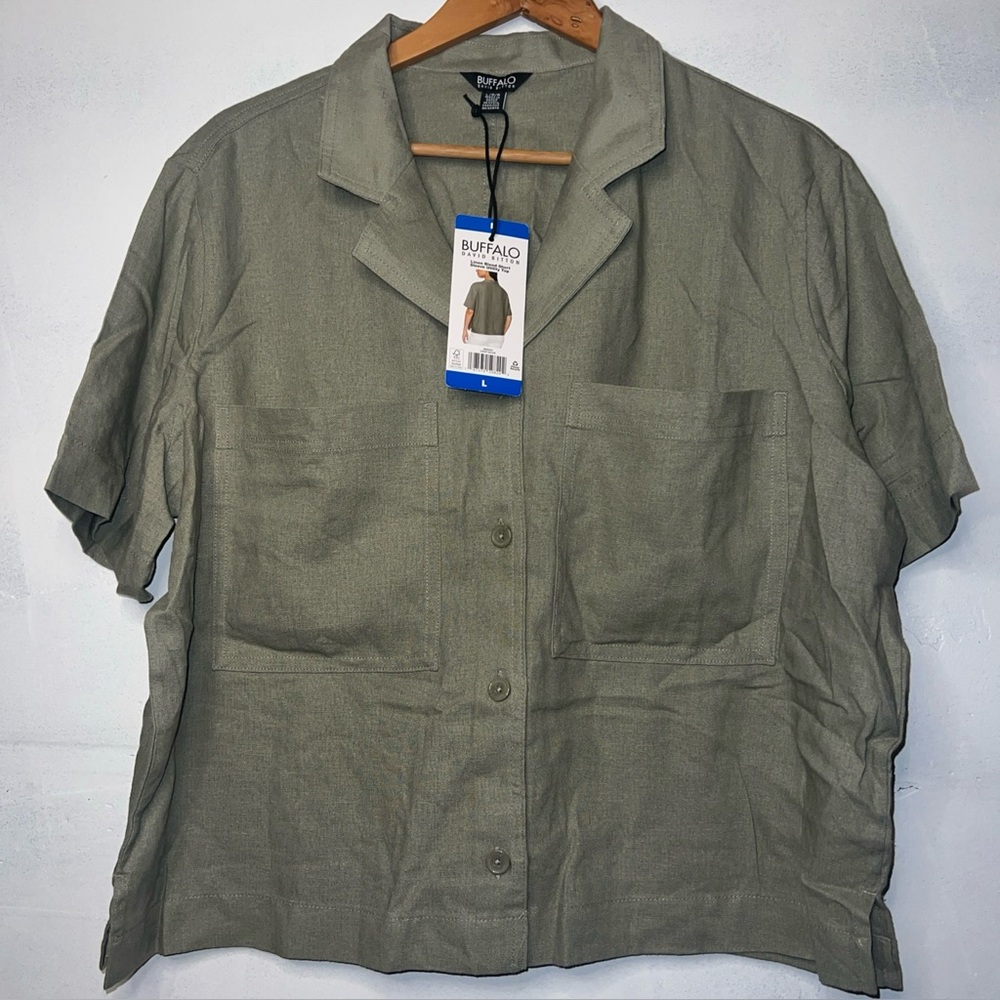 Buffalo Women's Linen Blend Short Sleeve Button Up Green Top Size L